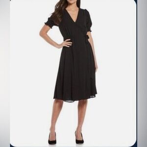 Alex Marie Ashlyn Black Short Sleeve Midi V-Neck Wrap Dress- 10- NWOT